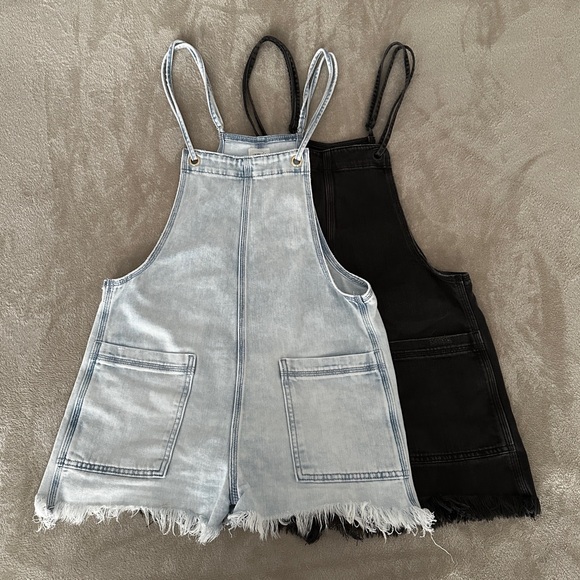 aerie Denim - Set of 2 Bundle - Aerie Washed Black & Blue Double Strap Jean Short Overalls XS